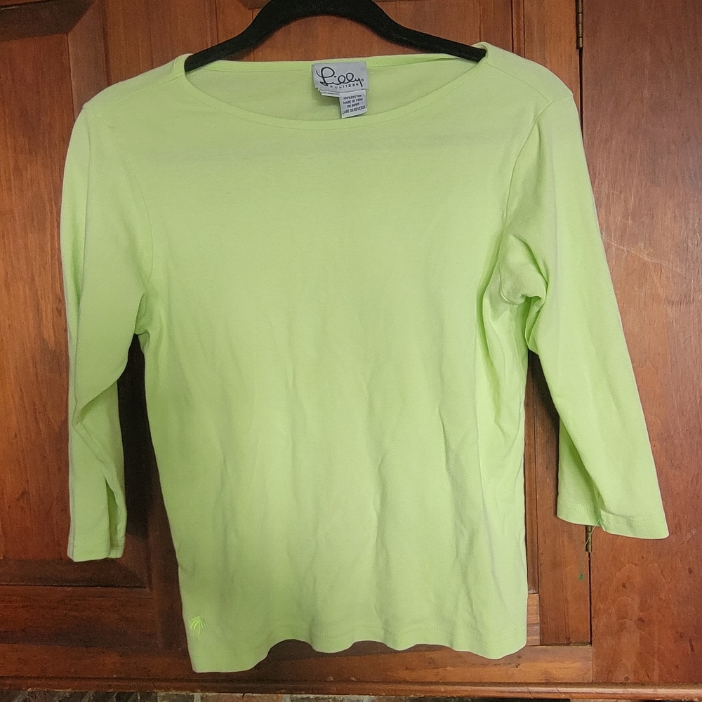 Lilly Pulitzer Lime Green Boat Neck 3/4 Sleeve Shirt - Medium - 100% Cotton